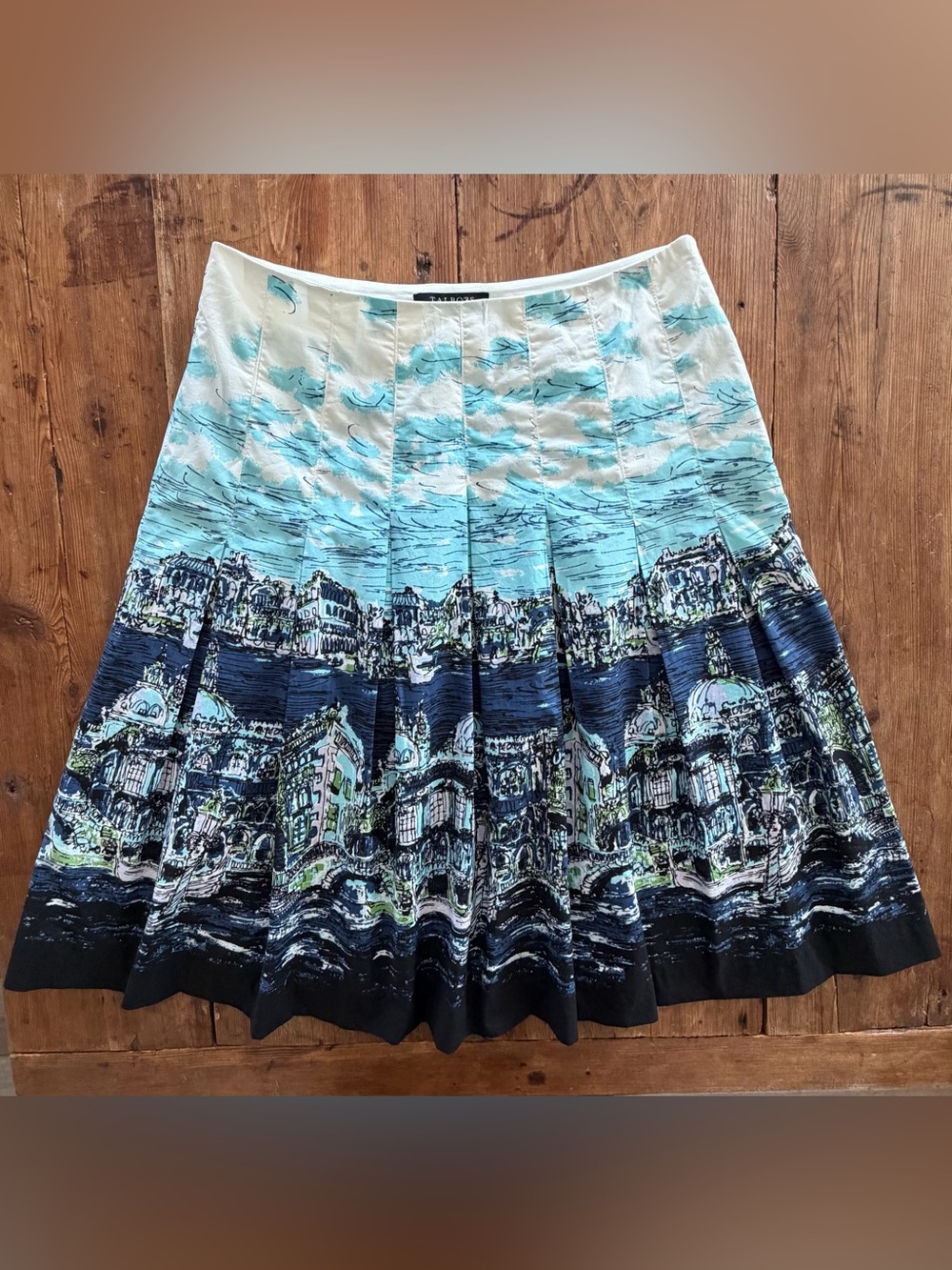 Talbots Venice Print Pleated A-Line Skirt Blue White Travel 4P - Picture 12 of 16